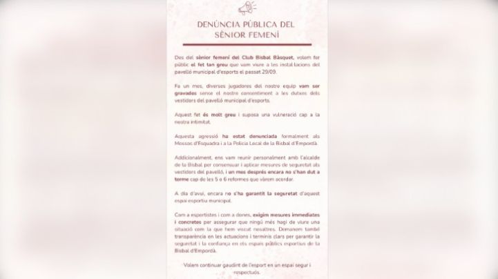 El sènior femení del Bisbal Bàsquet denuncia haver estat gravat a les dutxes del pavelló
