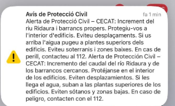 Protecció Civil envia un avís per l'increment del riu Ridaura i els barrancs propers