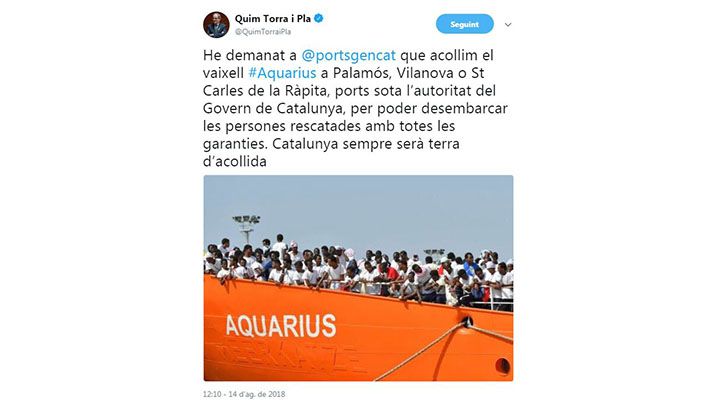 Quim Torra ofereix Palamós per acollir l'Aquarius