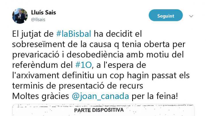 Sobreseïda la causa oberta contra l'alcalde de la Bisbal pel referèndum de l'1-O